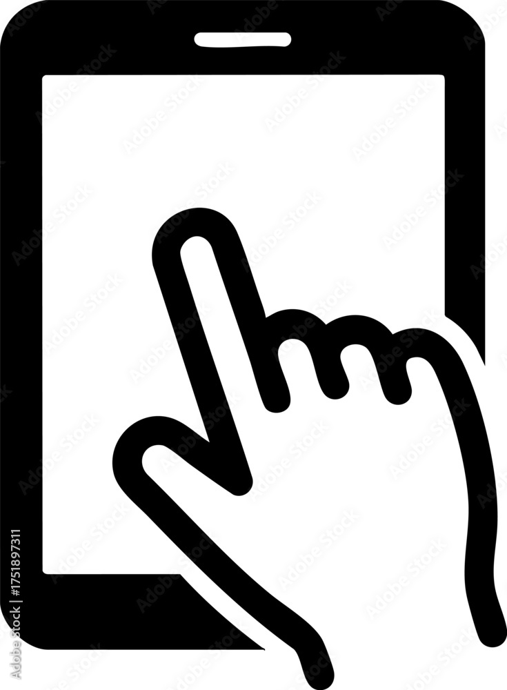Fototapeta premium Illustration of a hand touching a smartphone screen in black and white simple vector graphic style