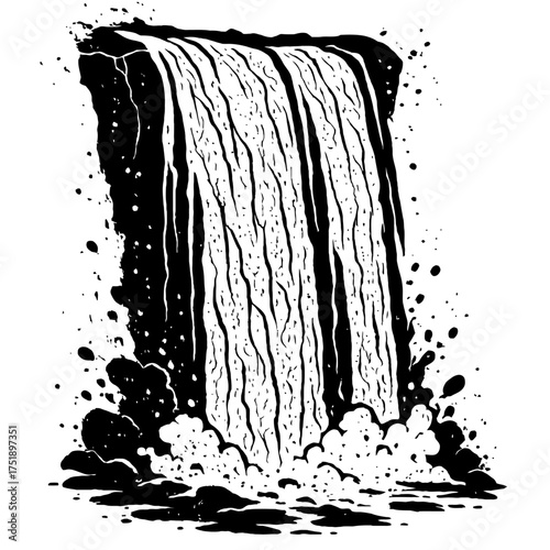 Striking black and white illustration depicting a majestic waterfall. Powerful water cascades over a rugged cliff, creating dramatic splashes and frothy impact. A high-contrast, dynamic artwork captur