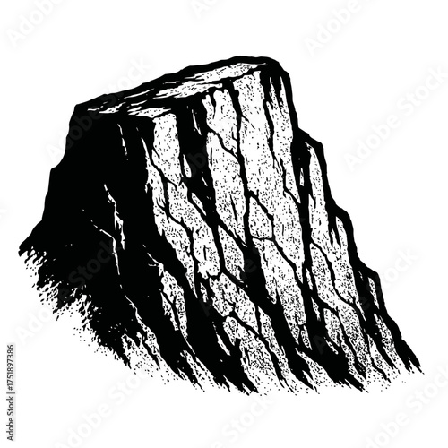 Striking black and white illustration of a rugged mountain, towering cliff face, or majestic plateau. Hand-drawn vintage sketch art, perfect for nature-themed designs, logos, and outdoor adventure pro