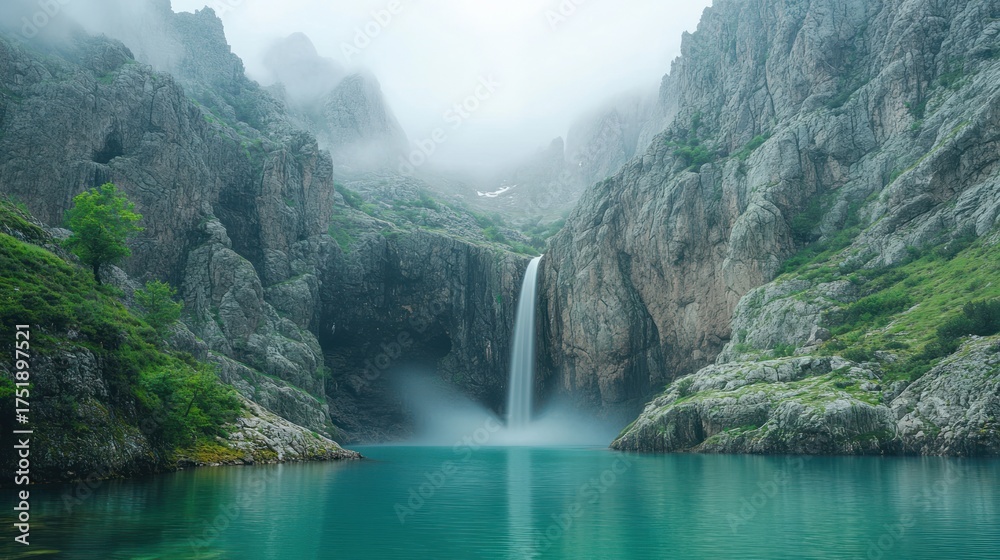 Fototapeta premium Misty mountain lake with waterfall