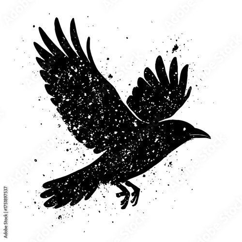 Powerful distressed flying crow silhouette vector illustration showcasing a majestic raven in mid-flight with intricate grunge ink splatter effects, perfect for dark gothic themes, mystical symbolism,