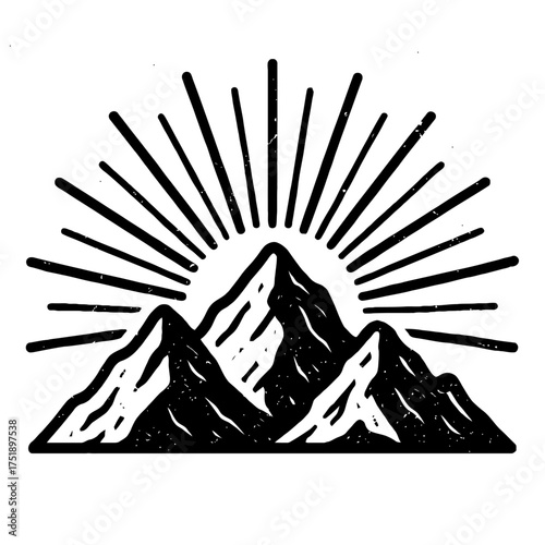 Stunning vintage woodcut style illustration of majestic mountain peaks under a radiant sunrise. A timeless, rustic black and white design, perfect for nature enthusiasts, outdoor adventurers, and clas