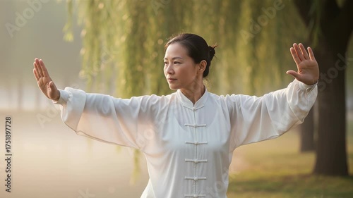 Asian woman practicing tai chi or qigong exercise in park with morning sunlight background