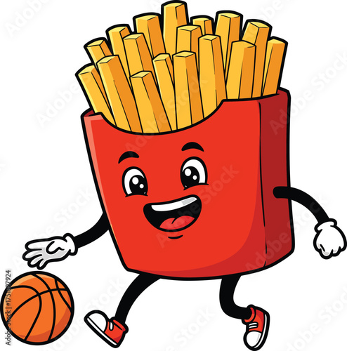 Funny French Fries Playing Basketball Clipart – Cute Cartoon Fast Food Character Dribbling Ball