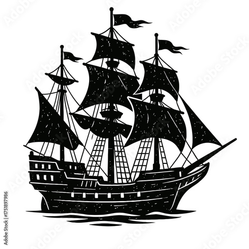 Classic Black Silhouette of a Majestic Vintage Sailing Ship, Embodying the Spirit of Maritime Adventure, Exploration, and Golden Age Piracy, Perfect for Historical Themes, Nautical Decor, and Educatio