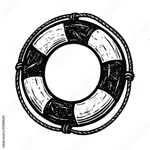 A captivating vintage nautical lifebuoy illustration in stark black and white, depicting a classic maritime safety ring with rope details. This essential ocean safety equipment graphic, hand-drawn sty