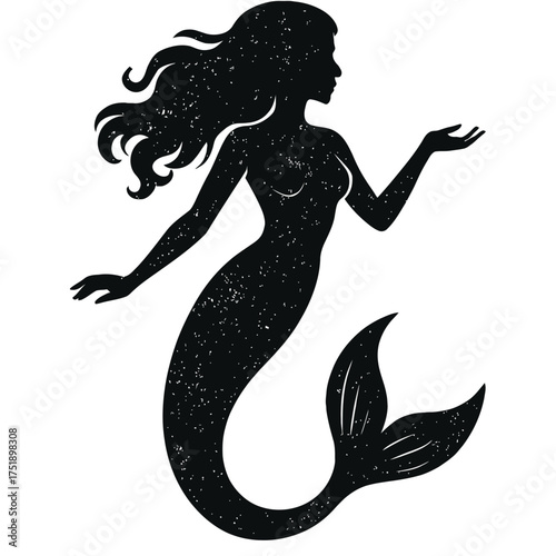 Elegant Black Mermaid Silhouette Vector Art with Flowing Hair and Classic Tail Design, Perfect for Ocean-Themed Projects, Fantasy Graphics, Mythical Creature Designs, and Vintage-Inspired Decals - Dis