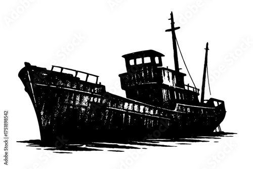 Bold black silhouette vector illustration of a vintage fishing trawler or old cargo ship, with distressed texture, prominent masts, and cabin. Isolated marine vessel graphic for powerful nautical, mar