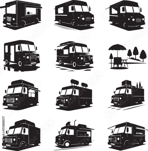 Food truck black and white icon set vector illustration
