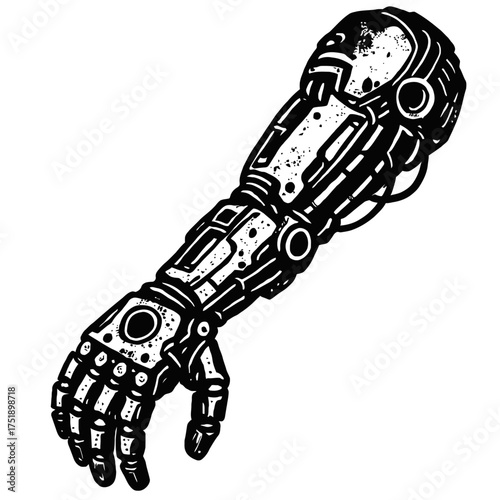 Monochrome illustration of a futuristic cybernetic robotic arm, highlighting intricate mechanical parts and advanced bionic design. Its gritty aesthetic explores human augmentation, cutting-edge techn