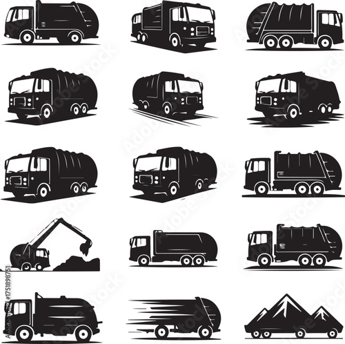 Garbage truck vector collection black and white transportation vehicles illustration
