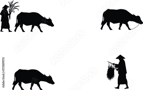 Farmer and buffalo silhouette illustration, rural agriculture concept, traditional village farming scene, countryside lifestyle vector art, black design background