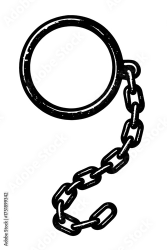 Black and white drawing of a robust metal ring connected to a heavy chain. This vintage illustration evokes themes of strength, security, restraint, and connection, a powerful symbol of durability and