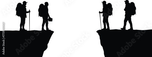 Hikers standing on cliff edge, adventure travel concept, teamwork challenge, mountain exploration, outdoor trekking, wilderness journey, hiking success, flat vector illustration