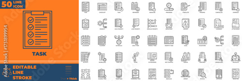 Task Line editable icon set. Contain icons related to Task, work, job, goal, and more