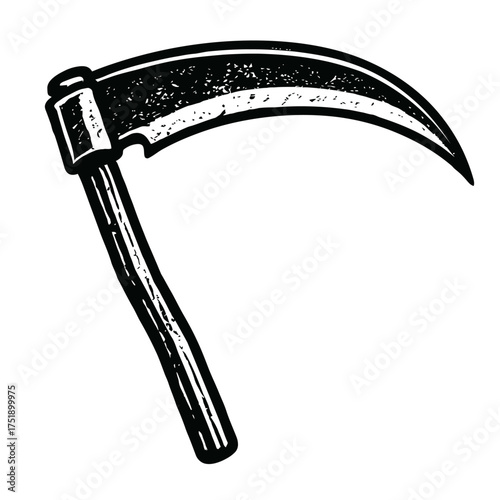Distressed Black and White Scythe Illustration: This striking image showcases a classic agricultural hand tool, with a long handle and curved blade. Ideal for farming, harvesting, folklore, Halloween,