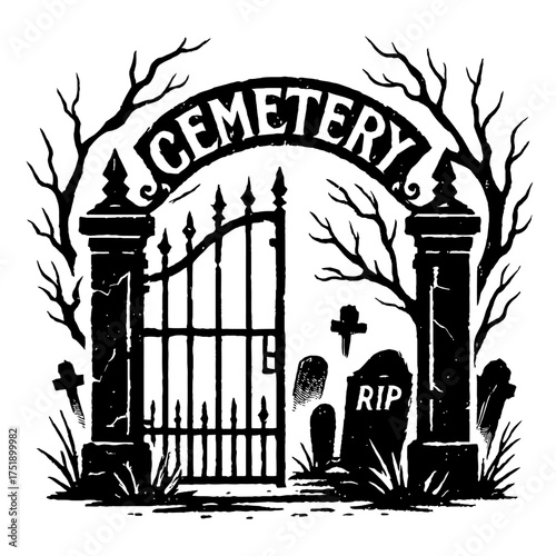 Spooky black silhouette of an old cemetery entrance gate with ornate stone pillars and skeletal tree branches under a prominent 'CEMETERY' arch sign, featuring multiple gravestones, crosses, and an 'R