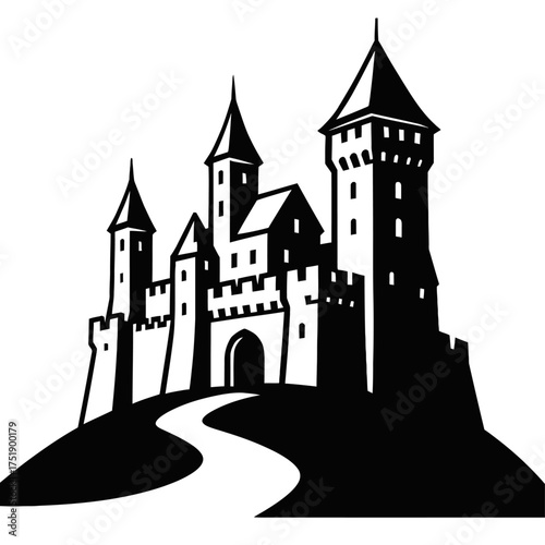 Black and white silhouette of a medieval castle with spired towers, battlements, an arched gate, and a winding path on a hill. It evokes fantasy, history, and ancient architecture for diverse design p