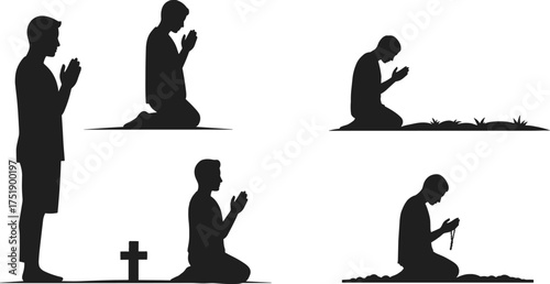 Man praying silhouette, meditation and worship illustration, people kneeling in prayer, faith, spirituality, religion and devotion concept art
