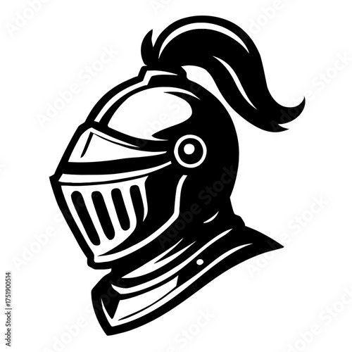 Bold black and white vector of a medieval knight's great helm, complete with a majestic feathered plume, symbolizing strength, valor, honor, and ancient chivalry, ideal for sports mascots, gaming logo