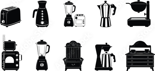 Black silhouette vector illustration of kitchen appliances, blender, toaster, coffee maker, chair, table, household furniture, utensils isolated on white