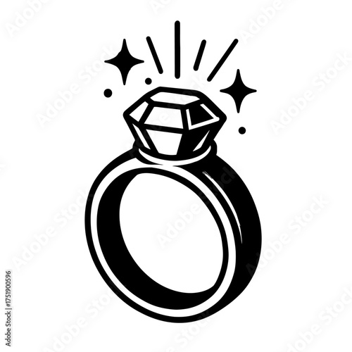 Black and white vector illustration of a sparkling diamond engagement ring. Symbolizes love, commitment, cherished moments. For weddings, proposals, anniversaries, luxury jewelry & digital media. Clas
