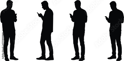 Men using smartphones, digital communication, mobile technology addiction, social media lifestyle, online connection, texting habit, internet usage, modern society, flat vector illustration