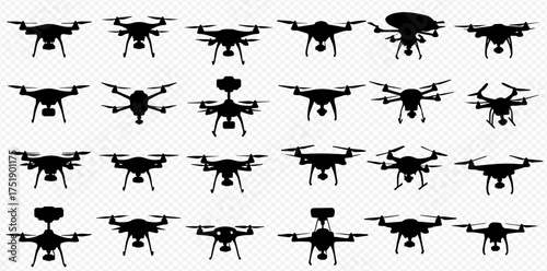 A collection of various black drone silhouettes arranged in a grid on a transparent background.