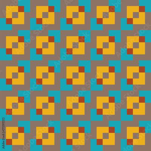 Retro pattern created from cream, orange, grey and brown squares, on a cream background