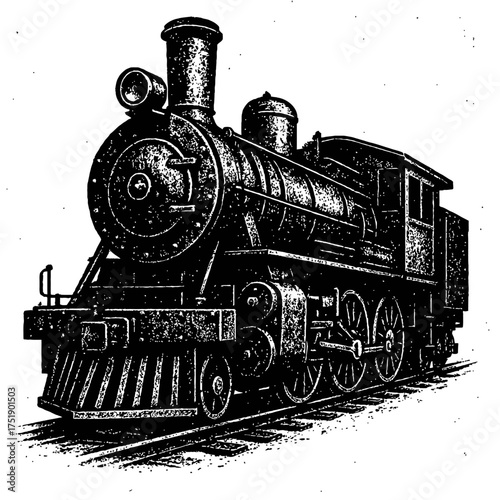 Vintage Steam Locomotive: A powerful, detailed black and white illustration of a classic train engine on tracks. This historical artwork evokes the industrial revolution era, showcasing timeless rail