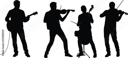Musicians silhouettes performing with instruments, band playing music, concert illustration, guitarist violinist drummer cellist artistic performance, live show concept vector