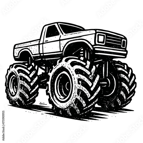 Powerful black and white monster truck illustration featuring a classic lifted pickup design with massive off-road tires, perfect for extreme sports enthusiasts, automotive graphics, vintage vehicle a