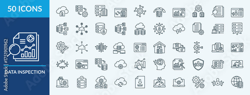 Editable 50 data inspection icons for web and mobile. Set of data inspection included icons line document, audit, research, inspection, information, report

