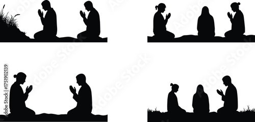 People praying silhouette, family meditation illustration, men and women worship together, spirituality, religion, faith, peace, and devotion concept art