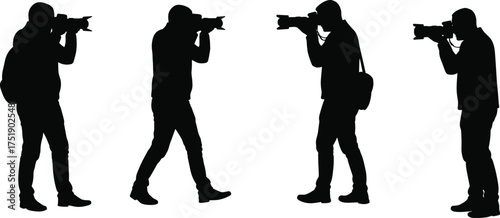 Photographer silhouette taking photos with camera, professional photography concept, man shooting pictures with DSLR camera, black vector illustration design
