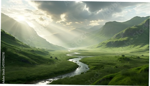 Green highland valley wrapped in soft morning mist, sun rays cutting through clouds, winding stream reflecting light, tranquil atmosphere, hyper-realistic natural lighting