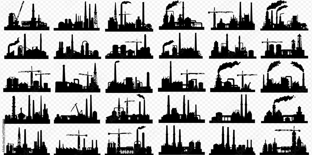 Obraz premium A collection of black silhouettes depicting various industrial factories, plants, and construction sites on a transparent background.