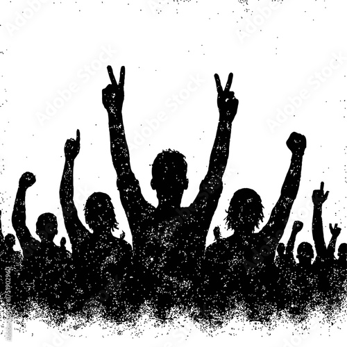 Energetic black and white grunge silhouette of a diverse crowd raising hands, making peace signs, clenched fists, and pointing fingers. This powerful illustration symbolizes protest, victory, unity, s