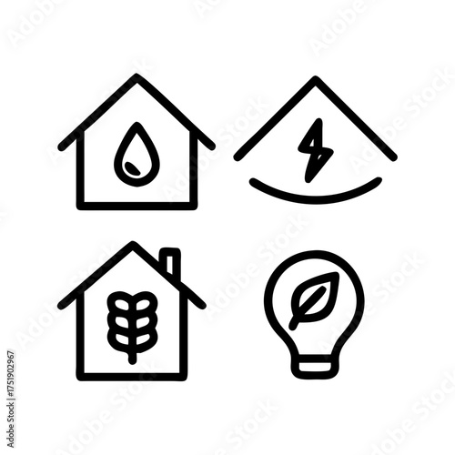 Four ecofriendly house icons in black outline