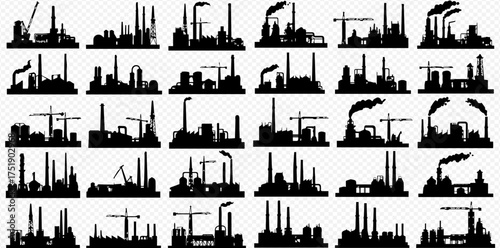 A collection of black silhouettes depicting various industrial factories, plants, and construction sites on a transparent background.