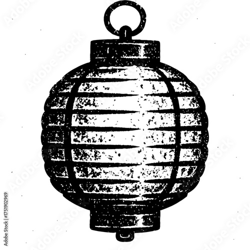 Vintage Japanese Style Hanging Lantern Illustration: Rustic Hand-Drawn Black & White Art of a Traditional Round Chochin with Ribbed Texture and Top Loop. Perfect for Cultural Decorations, Asian Theme