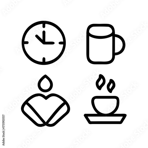 Icons representing time, a mug, meditation, and a hot drink