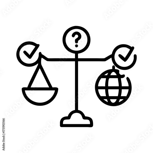 Illustration of a balance scale with checkmarks, globe, and question mark