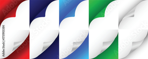 Collection of 12 colorful page curl effects with gradient shadows. Vector set for red, navy blue, cyan blue, green and white graphic design and paper flip elements.