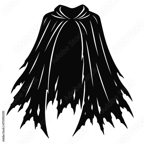 Dark, ominous, hooded, and dramatically tattered black cape, perfect for mysterious characters, gothic fantasy costumes, spooky Halloween, villainous cosplay, or grim reaper portrayal. Features torn,