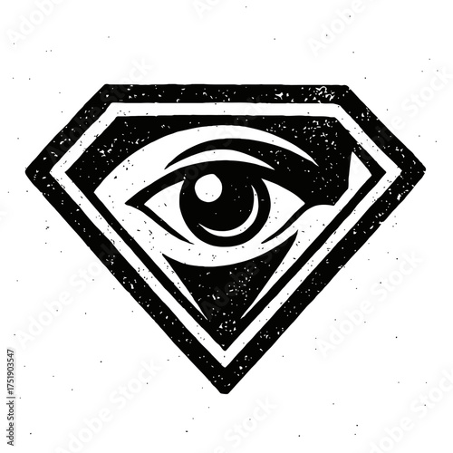 Striking black and white grunge design of a powerful, stylized all-seeing eye icon within a bold, geometric diamond shape, evoking mystical, spiritual, and esoteric themes with a vintage, distressed a