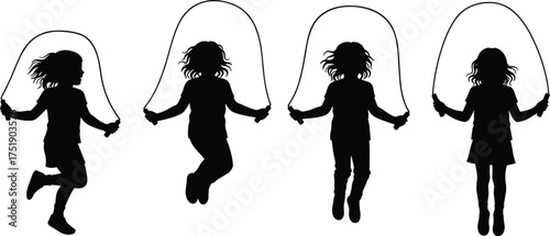 Silhouette of girl jumping rope, child exercising, healthy lifestyle, outdoor play, fitness activity, childhood fun, skipping rope silhouette