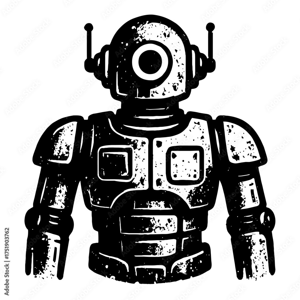 Black and white distressed retro robot bust illustration with cyclops eye and antennae. Vintage sci-fi artwork with industrial texture. Ideal for classic robotics, AI, cyberpunk, and futuristic design