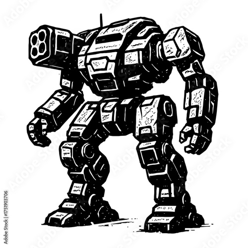 Wallpaper Mural Monochromatic illustration of a powerful, heavily armored futuristic battlemech with a prominent shoulder-mounted weapon, standing tall and ready for combat. This detailed black and white sci-fi robot Torontodigital.ca