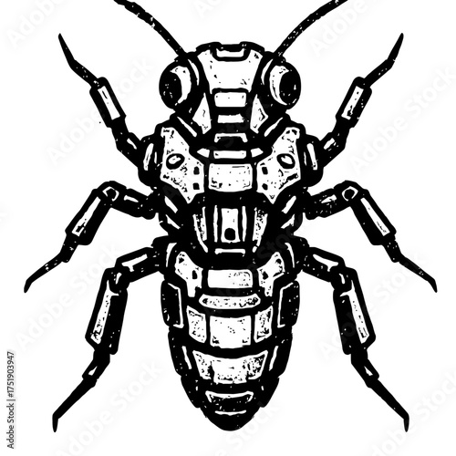 Highly detailed black and white illustration of a futuristic biomechanical insect, showcasing an intricate segmented body, prominent compound eyes, and six articulated legs. A striking top-down vintag